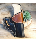 Two Tone Leather OWB Holster – front angle view – molded black and brown leather holster with reinforced belt slot