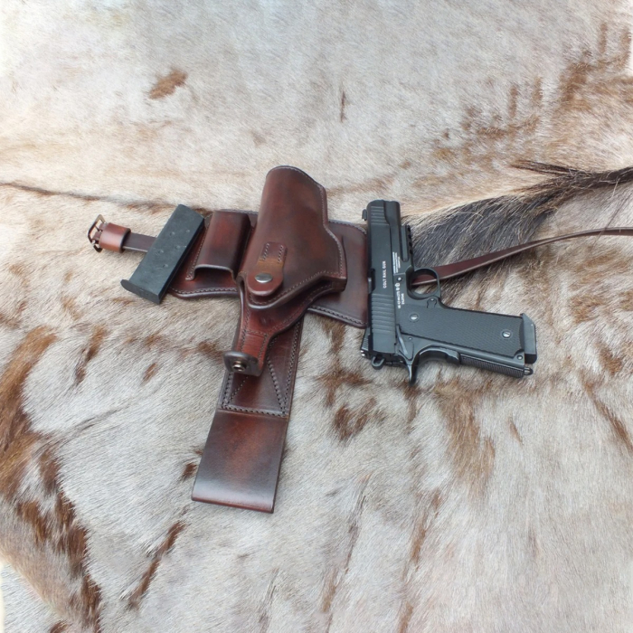 1911 Drop Thigh Leather Holster with Extra Magazine Pouch