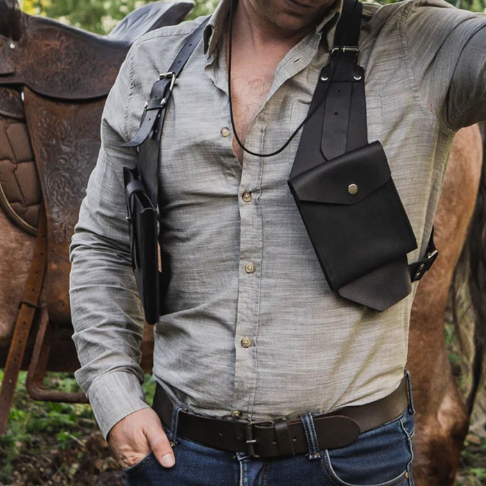 Adjustable Leather Chest Harness for Men – Handmade Festival Harness with Dual Pockets & Tactical Shoulder Holsters 