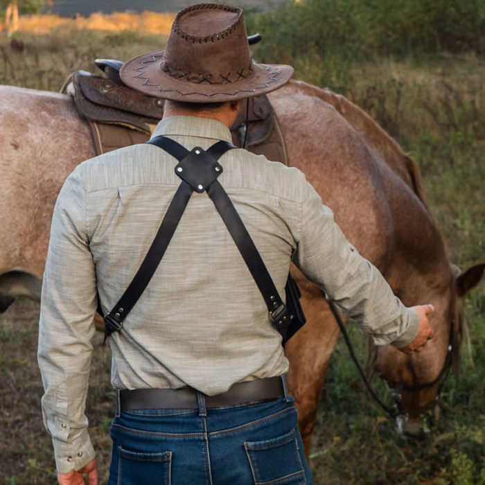 Adjustable Leather Chest Harness for Men – Handmade Festival Harness with Dual Pockets & Tactical Shoulder Holsters 