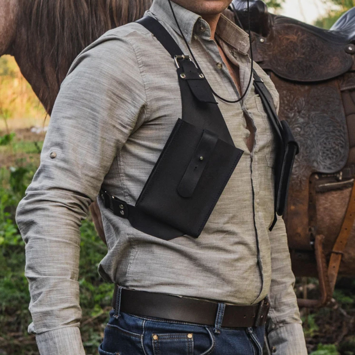 Adjustable Leather Chest Harness for Men – Handmade Festival Harness with Dual Pockets & Tactical Shoulder Holsters 