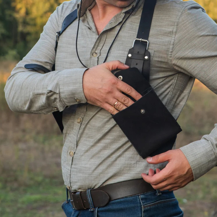 Adjustable Leather Chest Harness for Men – Handmade Festival Harness with Dual Pockets & Tactical Shoulder Holsters 