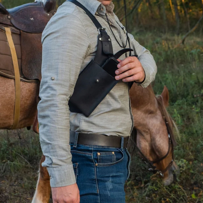 Adjustable Leather Chest Harness for Men – Handmade Festival Harness with Dual Pockets & Tactical Shoulder Holsters 