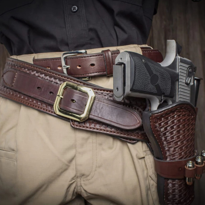 Basket Weave Hand Carved Leather Gun Belt - OWB Cross Draw Leather Western Holster With Double Carry Magazine Pouch