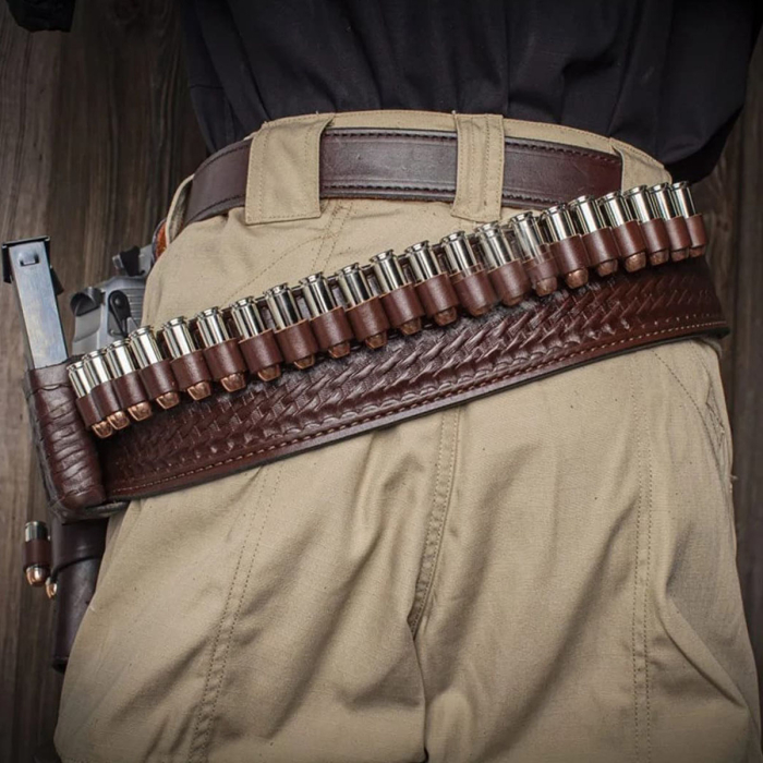 Basket Weave Hand Carved Leather Gun Belt - OWB Cross Draw Leather Western Holster With Double Carry Magazine Pouch