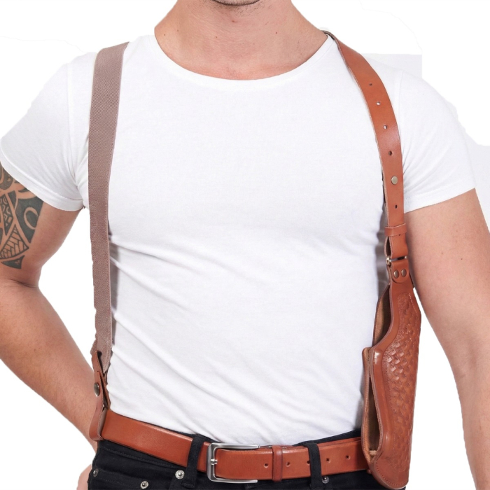 Brown Basketweave Leather Shoulder Holster With Mag Pouch