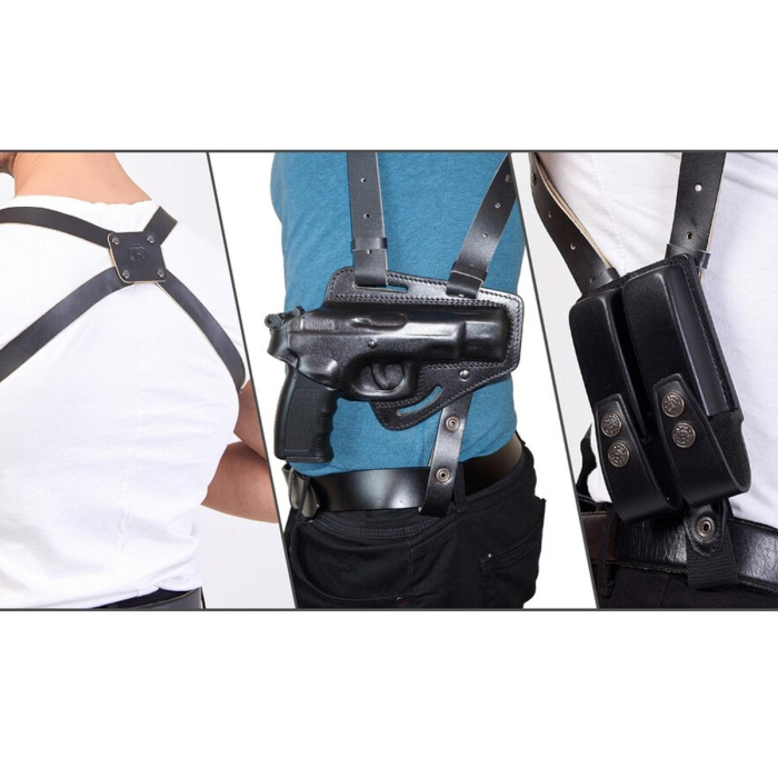 Black Leather Horizontal Shoulder Holster With Double Mag Pouch