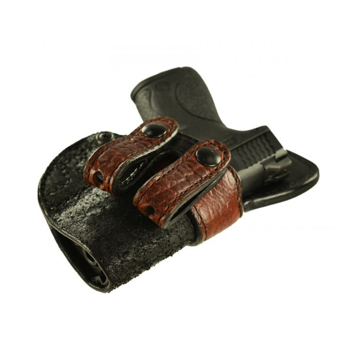 Black Leather IWB Holster With Bison Trim And Dual Snap Straps