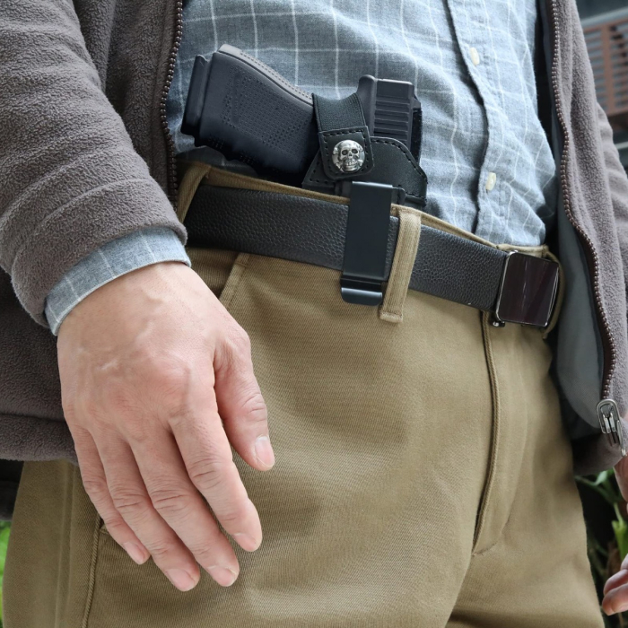 Black Leather IWB Holster With Strap Retention