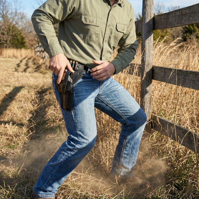 Black Leather Revolver Belt Holster with Cartridge Loops