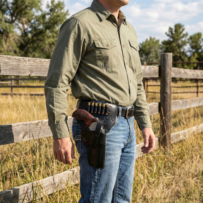 Black Leather Revolver Belt Holster with Cartridge Loops