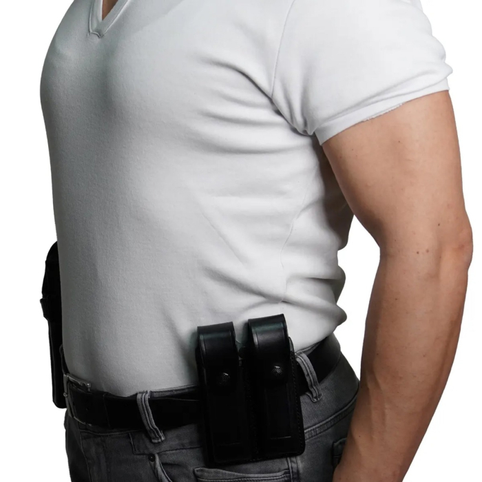Black Leather Shoulder And Belt Holster With Double Mag Pouch