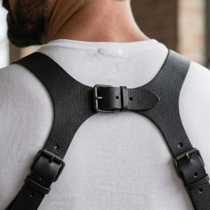 Black Leather Shoulder Holster with Double Magazine Pouch