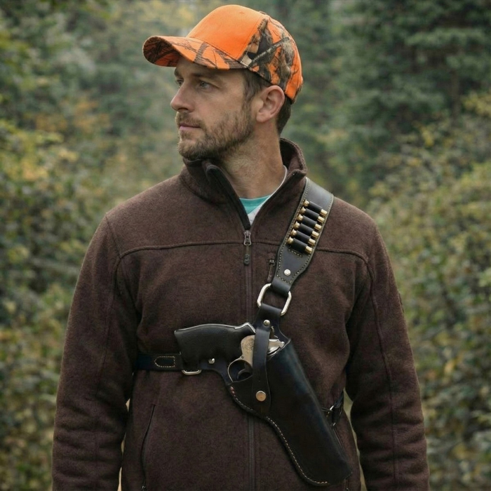 Black Leather Vertical Shoulder Holster for Revolvers Cross Chest Bandolier