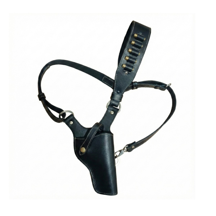 Black Leather Vertical Shoulder Holster for Revolvers Cross Chest Bandolier