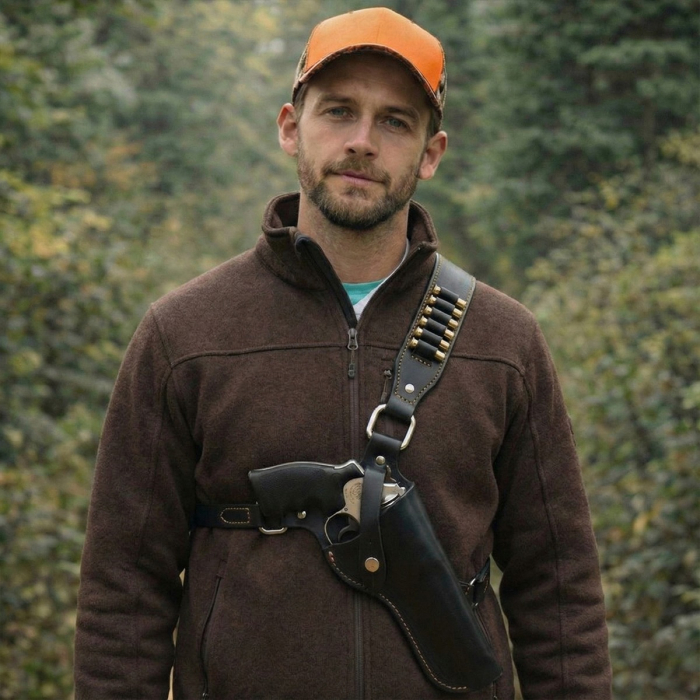 Black Leather Vertical Shoulder Holster for Revolvers Cross Chest Bandolier