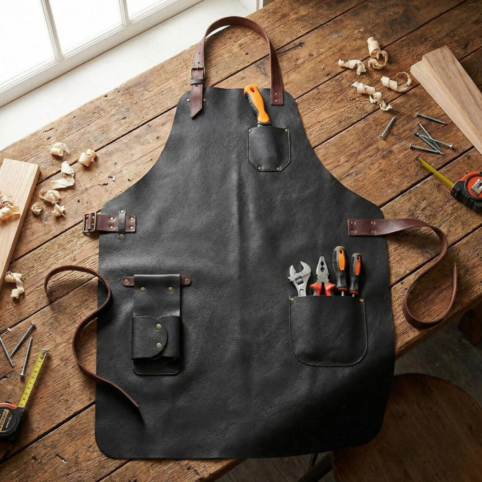 Black Top Grain Leather Workshop Apron With Tool Pockets