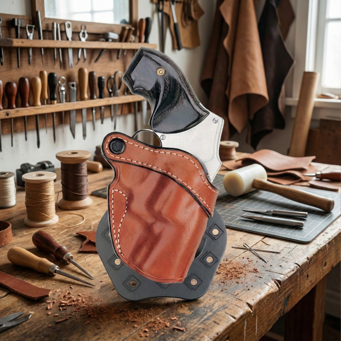 Brown Open-Top Revolver Paddle Holster with Tension Screw