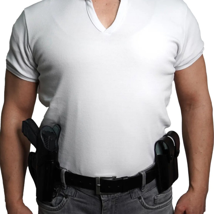 Black Leather Shoulder And Belt Holster With Double Mag Pouch