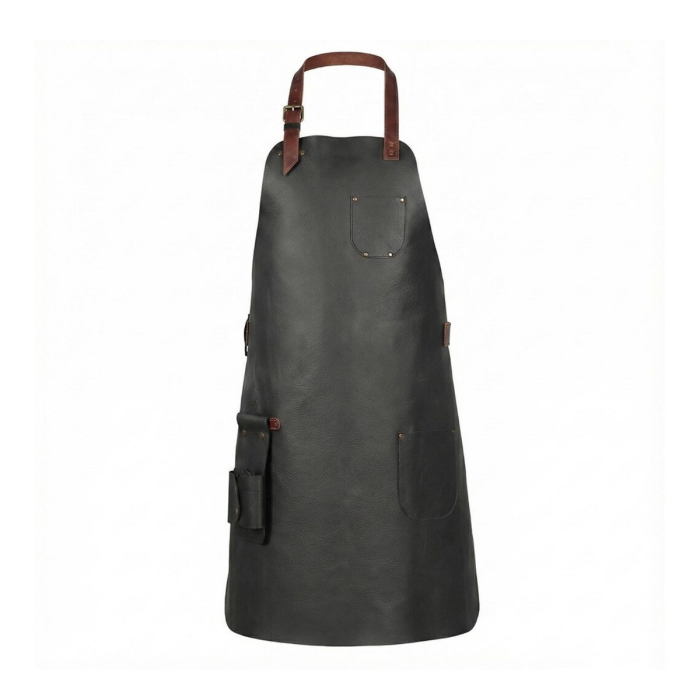 Black Top Grain Leather Workshop Apron With Tool Pockets