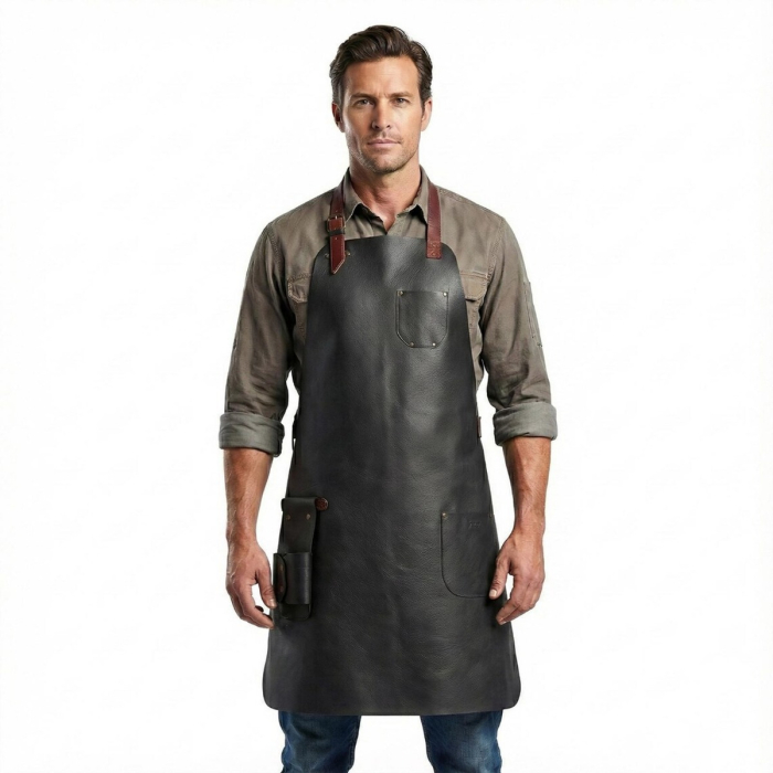 Black Top Grain Leather Workshop Apron With Tool Pockets