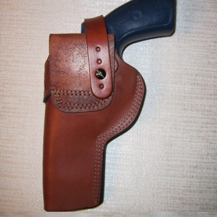 Brown OWB Leather Revolver Holster With Retention Strap