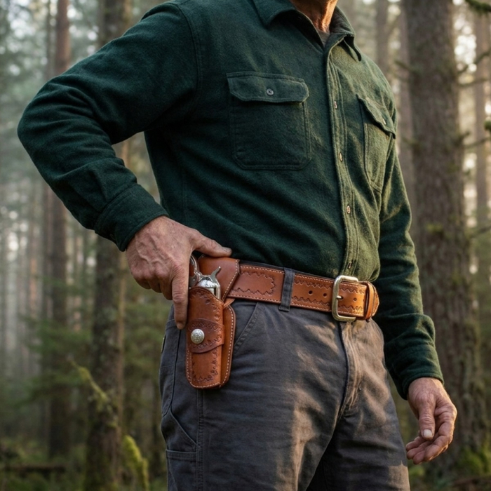Brown Western Leather Fast Draw Revolver Holster Belt with Concho Detail