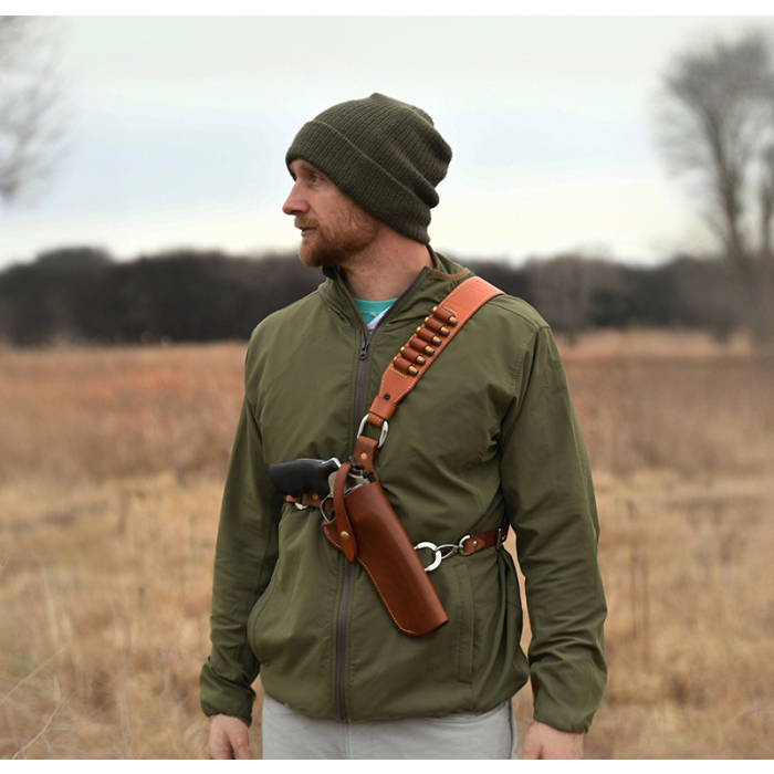 Brown Leather Cross-Chest Bandolier Holster for Revolvers with Ammo Loops