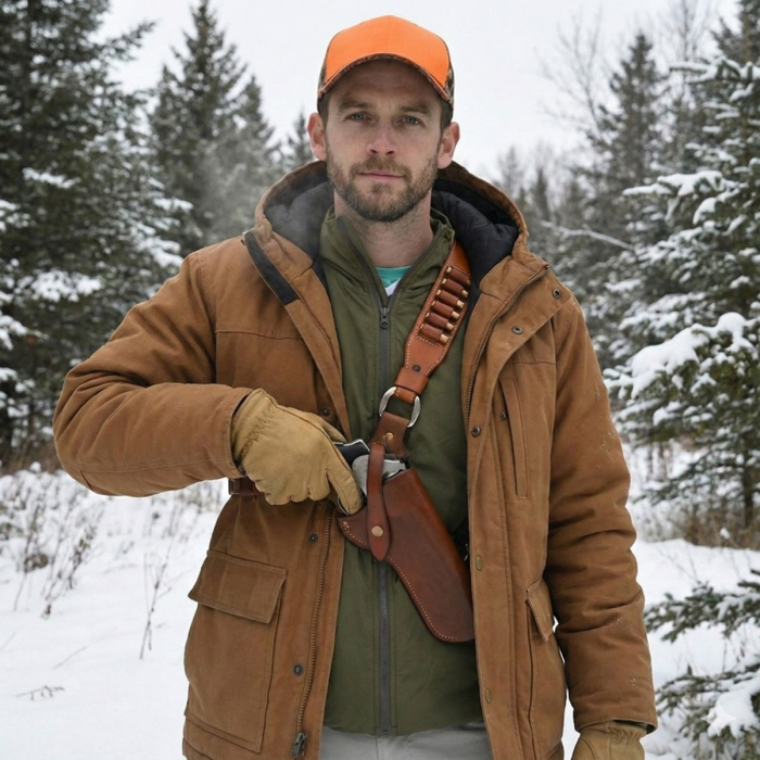 Brown Leather Cross-Chest Bandolier Holster for Revolvers with Ammo Loops