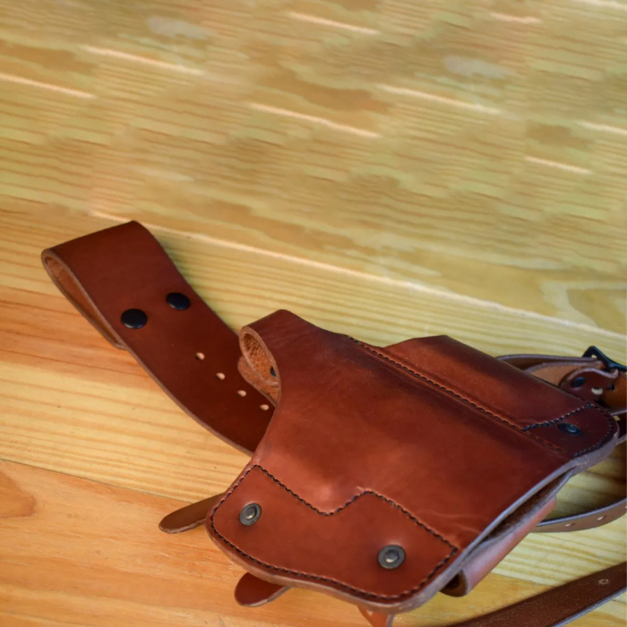 Brown Leather Drop Leg Holster with Integrated Magazine Pouch