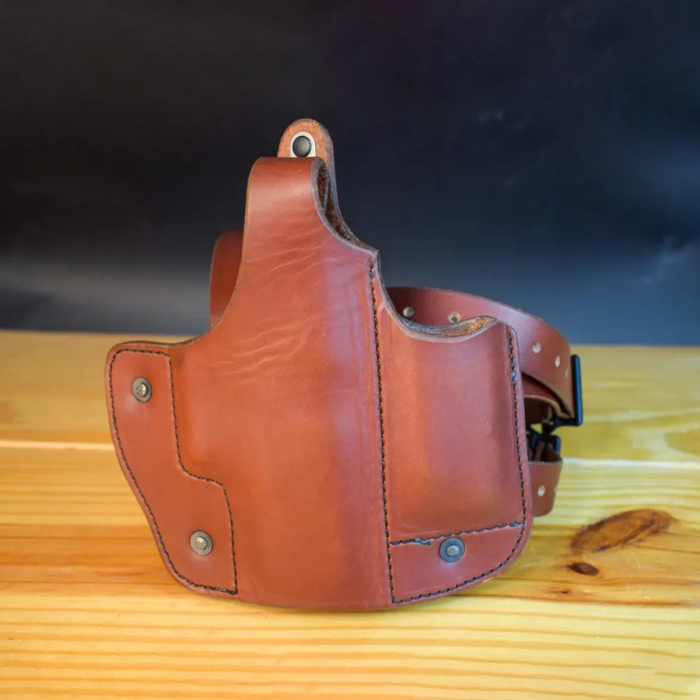 Brown Leather Drop Leg Holster with Integrated Magazine Pouch