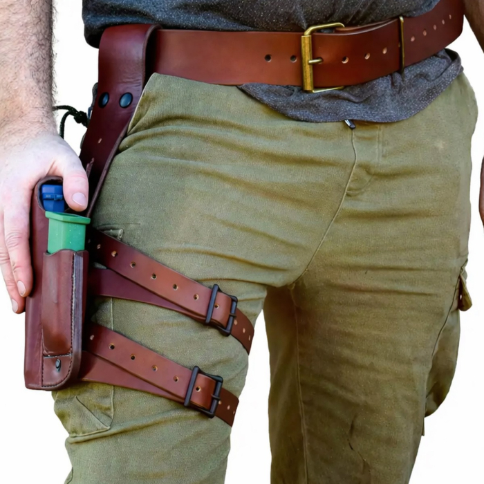 Brown Leather Drop Leg Holster with Integrated Magazine Pouch
