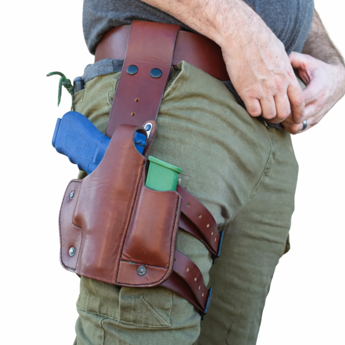 Brown Leather Drop Leg Holster with Integrated Magazine Pouch