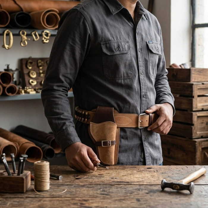 Brown Western Leather Revolver Holster Belt with Ammo Loops