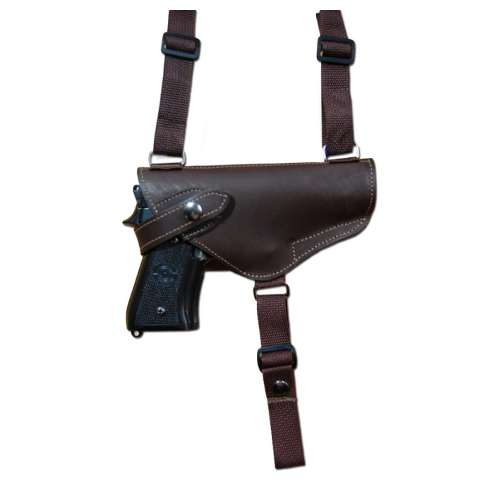Brown Leather Dual Pistol Horizontal Shoulder Holster – Webbing Harness