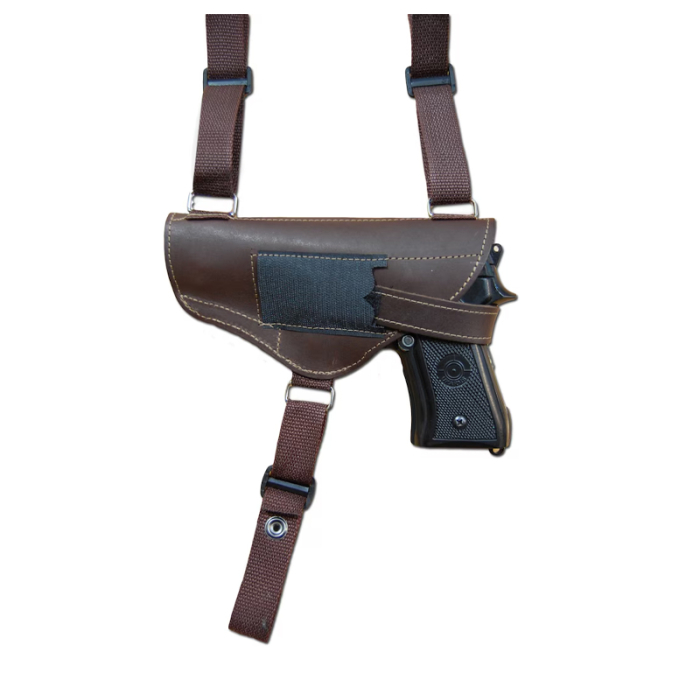 Brown Leather Dual Pistol Horizontal Shoulder Holster – Webbing Harness