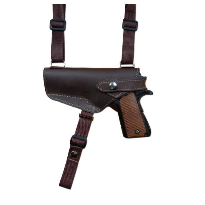 Brown Leather Dual Pistol Horizontal Shoulder Holster – Webbing Harness