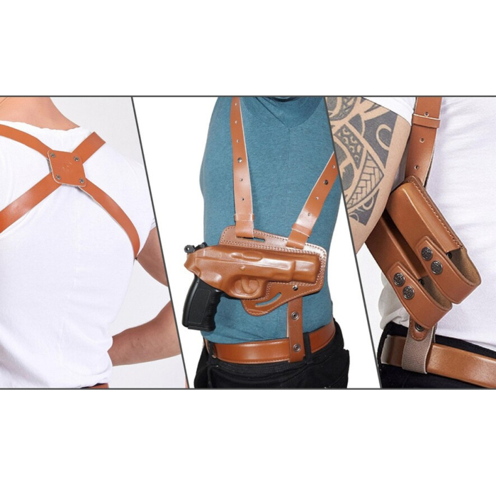 Brown Leather Horizontal Shoulder Holster With Double Mag Pouch