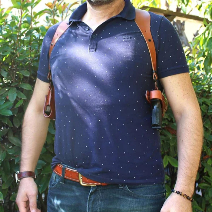 Brown Leather Horizontal Shoulder Holster With Mag Carrier