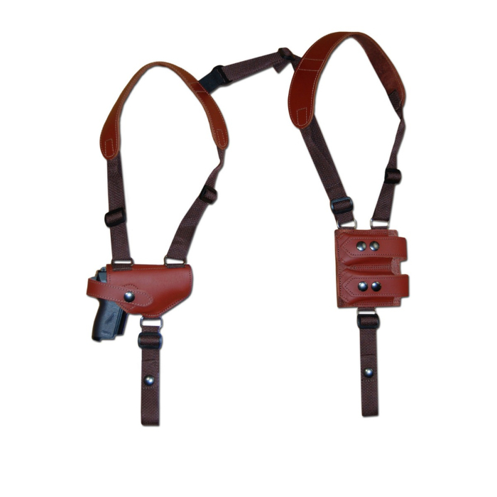 Brown Leather Horizontal Shoulder Holster With Double Mag Pouch