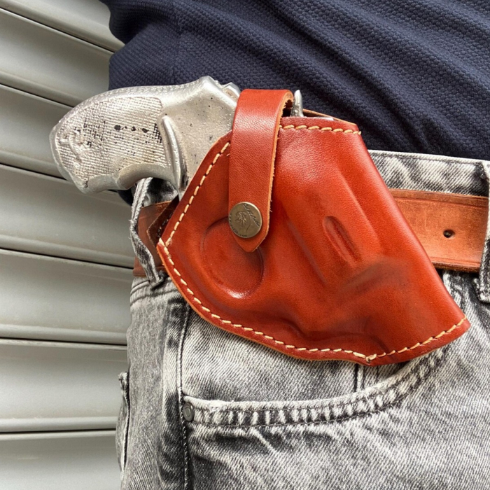 Brown Leather OWB Holster With Retention Strap