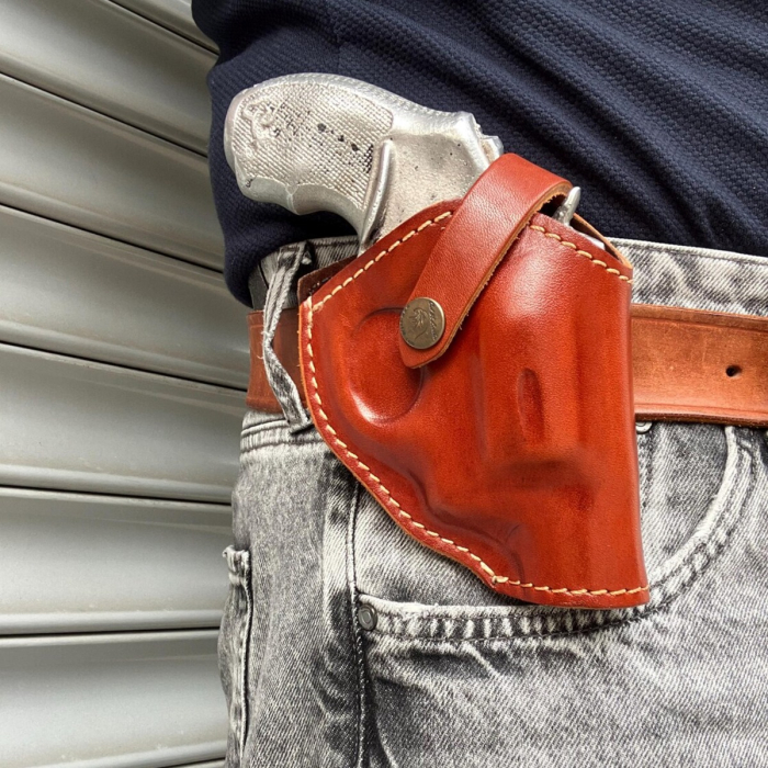 Brown Leather OWB Holster With Retention Strap