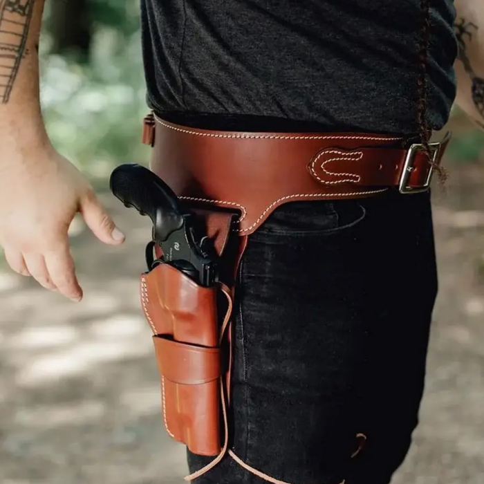 Brown Western Leather Revolver Holster Belt with Cartridge Loops