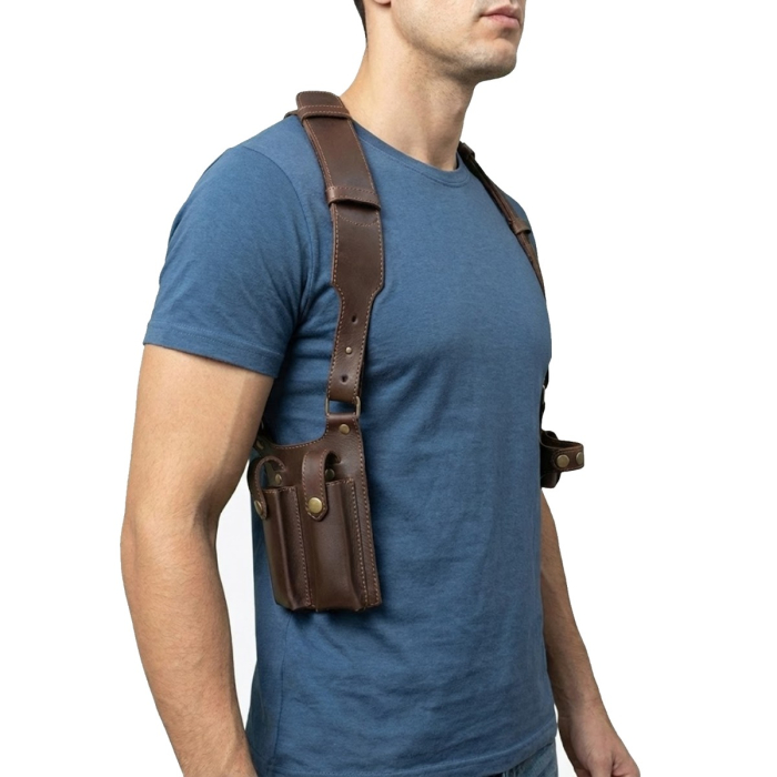 Brown Leather Shoulder Harness Holster With Dual Pouches