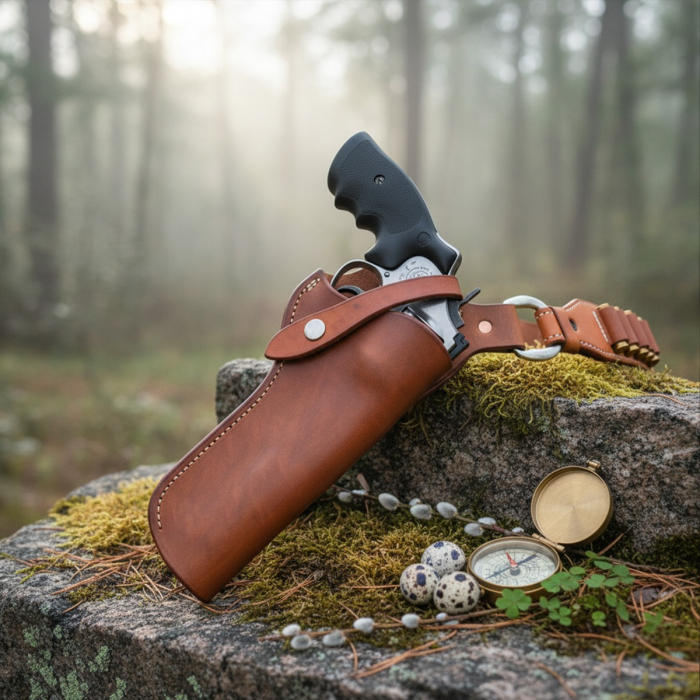 Brown Leather Cross-Chest Bandolier Holster for Revolvers with Ammo Loops