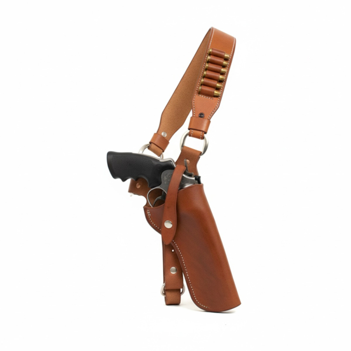 Brown Leather Cross-Chest Bandolier Holster for Revolvers with Ammo Loops