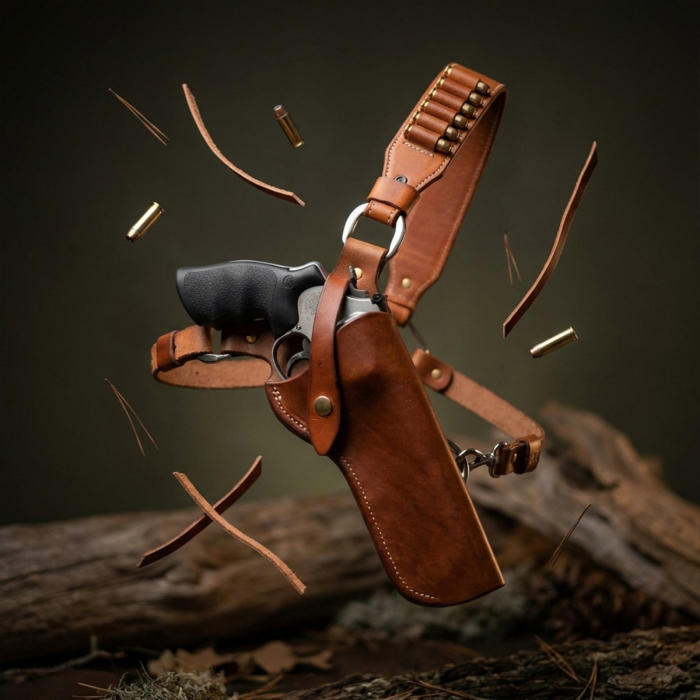 Brown Leather Cross-Chest Bandolier Holster for Revolvers with Ammo Loops