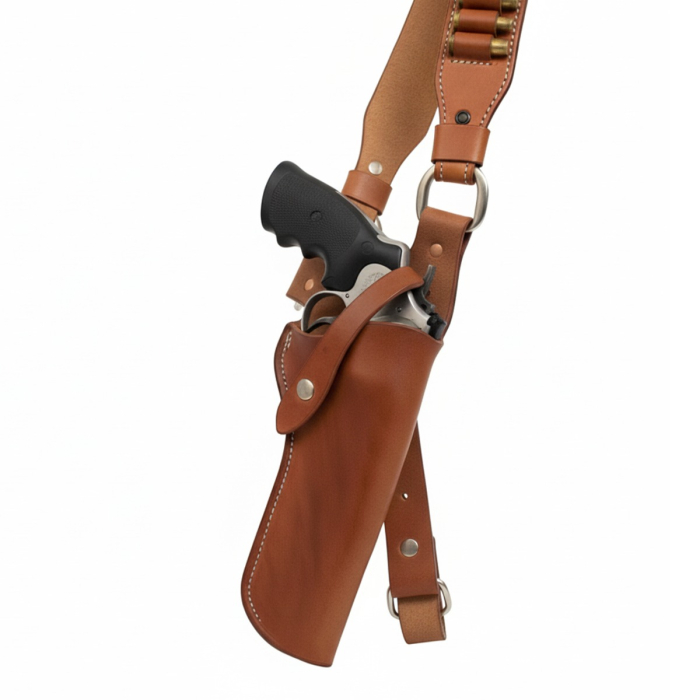 Brown Leather Cross-Chest Bandolier Holster for Revolvers with Ammo Loops