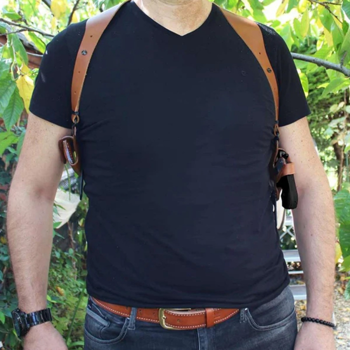Brown Leather Horizontal Shoulder Holster With Bullet Carrier