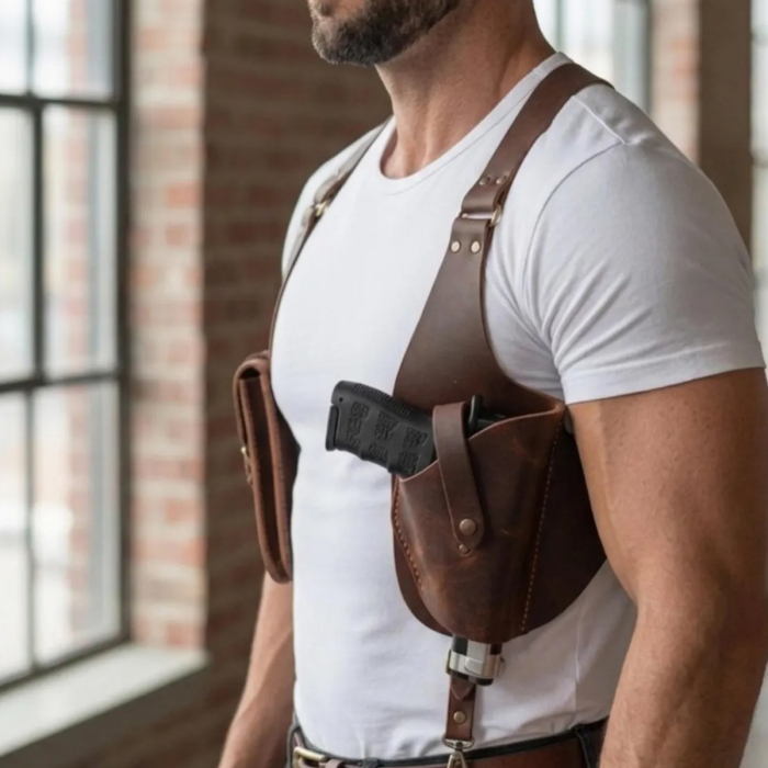 Brown Leather Shoulder Holster with Double Magazine Pouch